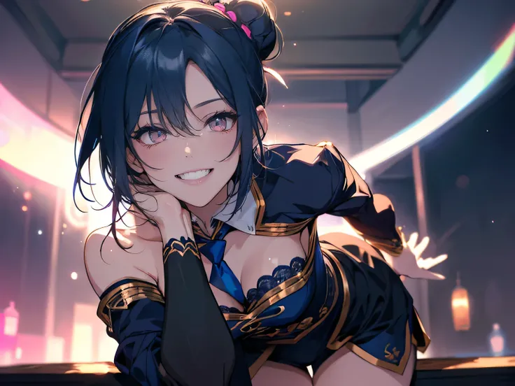 1female, teacher, wearing a blue and white balarina outfit, blue tie, bootyshorts, Thicc, dark blue hair, A hair bun on top, short hair, glowing pink eyes, face to detail, detailed eyes, the background is a dark place, smiling, and laughing. Close up.