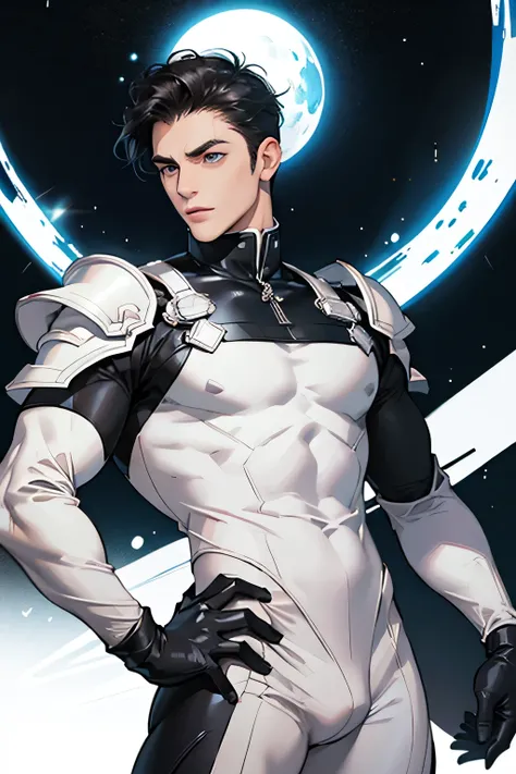 Beautiful guy　Very short, cropped black hair　White tight rubber suit　Rubber gloves　Bulge　future　universe　White armor　Armor