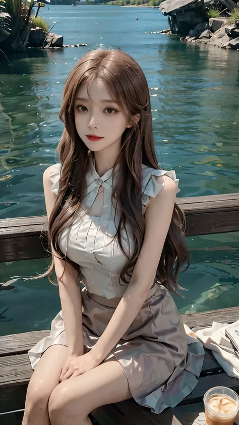 from above,she is looking at viewer,masterpiece,Real person photos,(solo) Real light and shadow，HDR Backlight，Contour light，reddish brown long straight hair，Elegant Chinese beauty, wearing Chiffon Sleeveless Blouse skirt，A confident smile，Sitting elegantly...