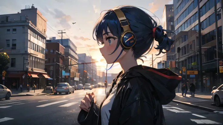 1 girl with headphone, blue hair color, driving while looking out, city