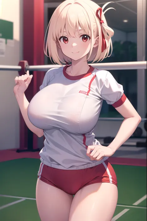 chisatonishikigi, nishikigi chisato, short hair, bangs, Blonde, (Red eyes:1.5), Hair Ribbon, One side up, Bobcut, break ((((((red bloomer))))))‚(((((white shirts)))))‚(((((gym clothes))))) break outdoors, Athletics, break looking at viewer, break (masterpi...