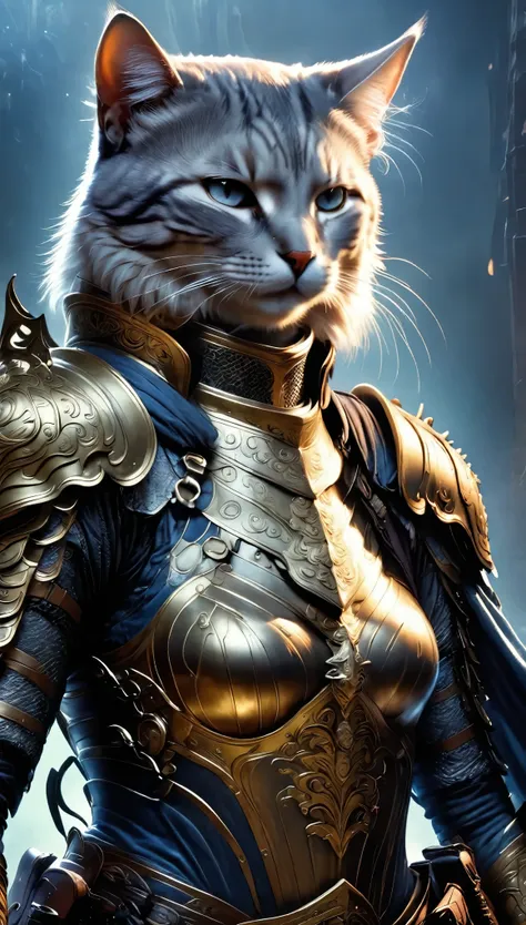 anthropomorphic cat，cat knight in armor，have a weapon，look at this、brave look