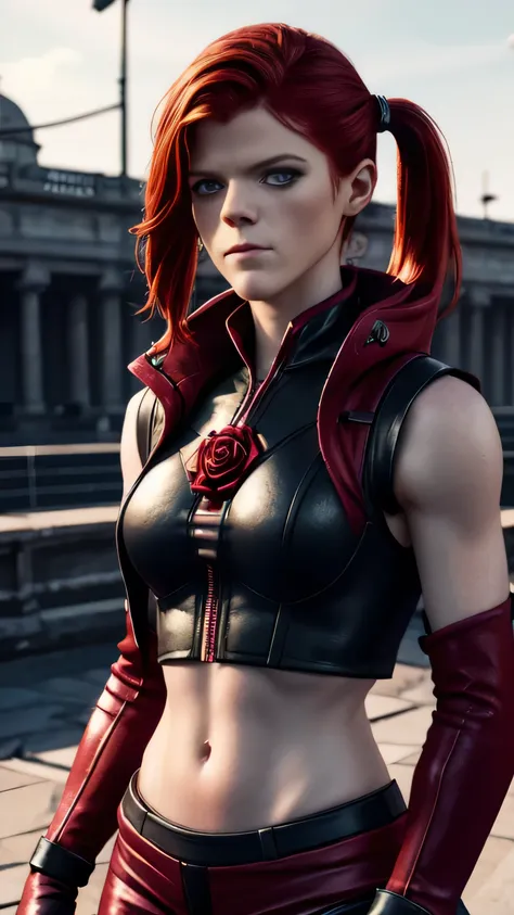 ((rose leslie)) as kira from mortal kombat, green eyes, red hair, green eyes, twintails, black vest, cropped crimson jacket, glo...