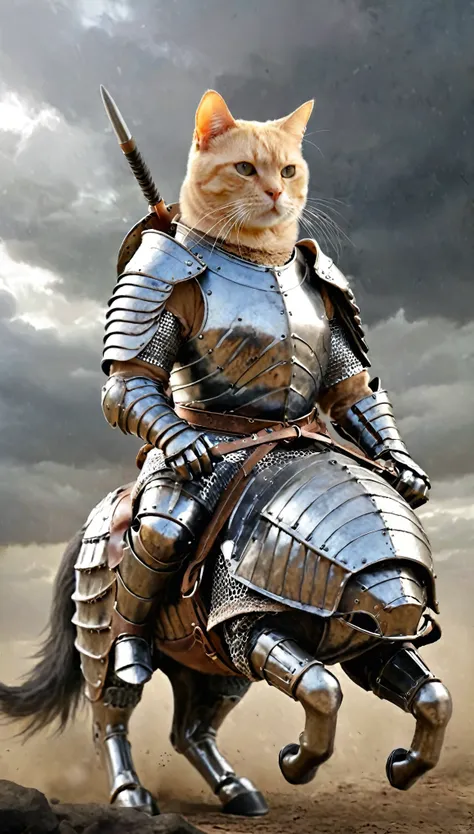 Awesome illustration of a heavily armored cat, Embark on a journey to become a cat warrior, Realistic,ride a horse