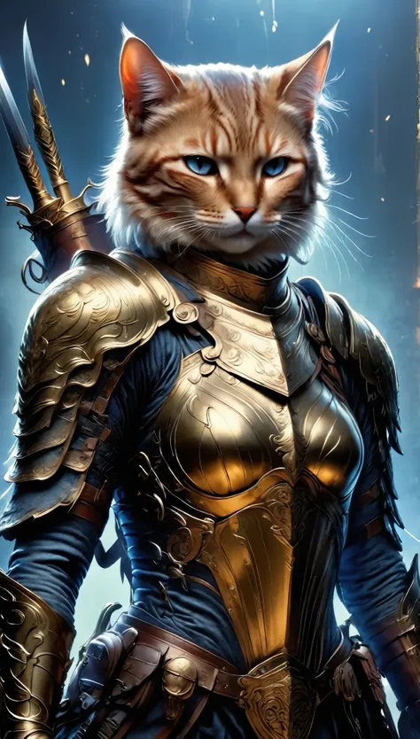 anthropomorphic cat，cat knight in armor，have a weapon，look at this、brave look、ride a horse