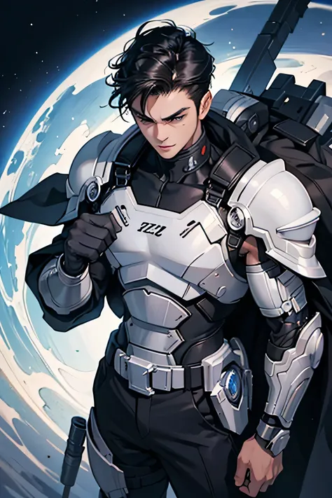 Handsome 18 year old　Very short, cropped black hair　　Cyborg Warrior　White Armor　future　universe　Science fiction　The background is the galaxy universe