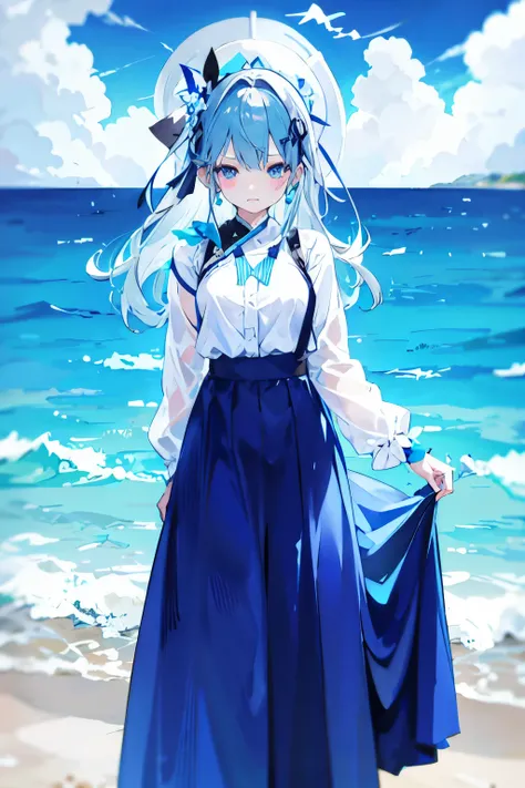 1 girl、Gray Hair、Blue clothes、Long skirt、Ocean