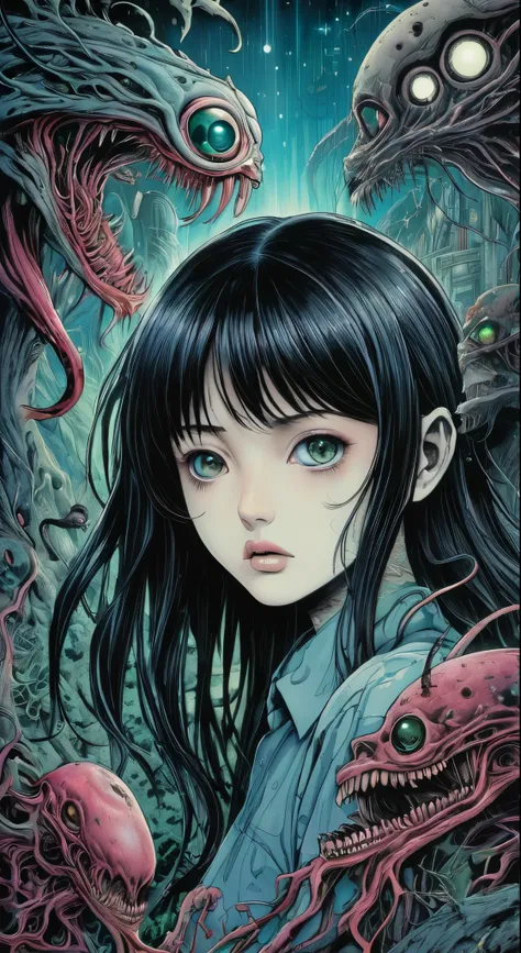 horror-themed lovecraftian horror Junji Ito, Raw digital photo, Film Washi, "The Frost of (80s style:0.65) (hand drawn, anime:1.2) (girl:0.8) , analogue vhs distortion, intricately detailed linework, vibrant colors", Hisui Sugiura, Intricate and vivid depi...