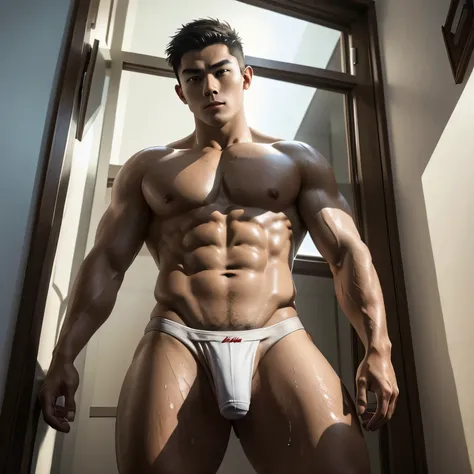 solo, muscular korean man, big muscle man, handsome face without beard, The face has a strong impression, eyes are thin and strong, no double eyelids around or within the eyes, Both eyes are the same size and shape, small but high nose, hair is very short,...