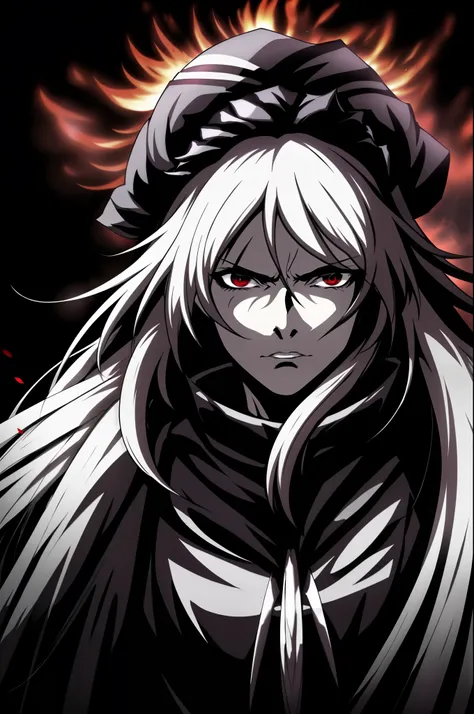 a black death god with stern expression, wielding a soul reaper, long white hair, red eyes, on a black background. the scene fea...