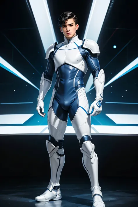 Beautiful guy 18-year-old Very short, cropped black hair A tight white and blue rubber suit Rubber gloves Bulge White armor Armor From the feet to the whole body future universe Science fiction Helmet