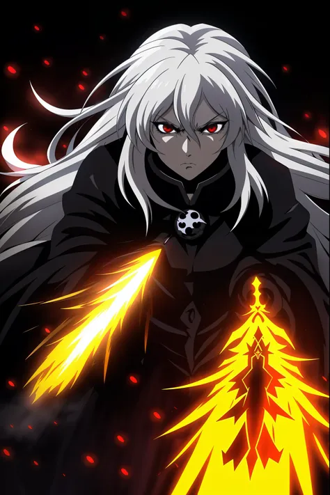 a black death god with stern expression, wielding a soul reaper, long white hair, red eyes, on a black background. the scene fea...