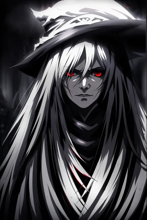 grim reaper, dark cloak, scythe, long white hair, red eyes, cold expression, black background, dynamic blur, lighting effects, h...