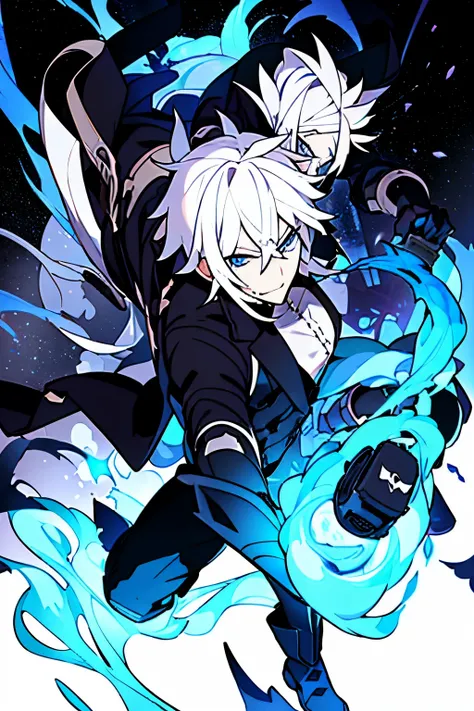 an anime man in adulthood with black and white hair, long and in a ponitail, a face with no exprecion and soul, blue eyes, with a mask on his mout made of steal, in a blue and black coat, 