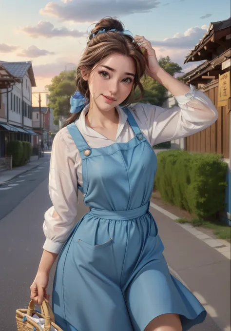 (belle waif:1), smile, cute, cute pose, view viewer, thick thighs, (blue clothes, apron:1.2), (hair bun, hair ribbon), :d, holdi...