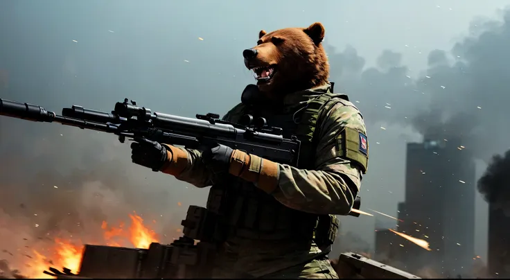 a bear, shooting, machinegun (m249), a bullet belt, (roaring fiercely:1.3), ((feral)), wearing military outfit, long sleeves, el...