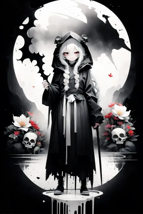 solo,1female\(grim reaper,cute,kawaii,age of 10,hair color white,braid hair,messy hair,eye color dark,big eyes,white skin,big sm...