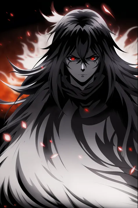 a black death god with stern expression, wielding a soul reaper, long white hair, red eyes, on a black background. the scene fea...