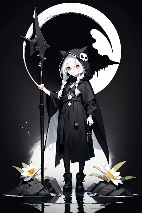 solo,1female\(grim reaper,cute,kawaii,age of 10,hair color white,braid hair,messy hair,eye color dark,big eyes,white skin,big sm...