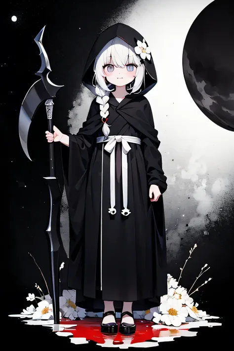 solo,1female\(grim reaper,cute,kawaii,age of 10,hair color white,braid hair,messy hair,eye color dark,big eyes,white skin,big sm...