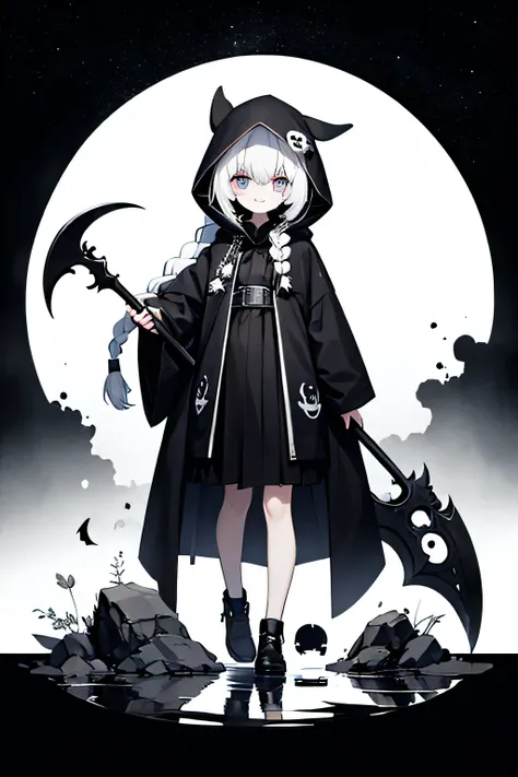 solo,1female\(grim reaper,cute,kawaii,age of 10,hair color white,braid hair,messy hair,eye color dark,big eyes,white skin,big sm...