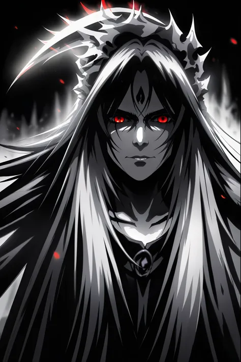 grim reaper, dark cloak, scythe, long white hair, red eyes, cold expression, black background, dynamic blur, lighting effects, h...