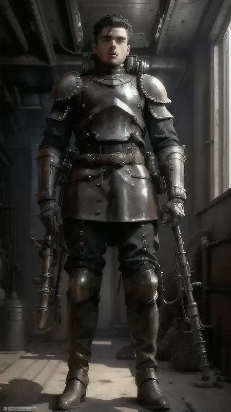dieselpunkai, (Richard Madden) as Robb Stark, gray dieselpunk armor, dieselpunk boots, standing, in the dieselpunk desert, (1man), (solo), (full body view), beautiful detailed glow, detailed, cinematic light, intricate detail, realistic, highres, detailed ...