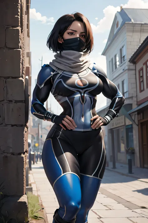 highest quality, roscheikh, one girl, black mask, scarf, blue bodysuit, surcourt, bandage, are standing, town, thighs, cool,hero...