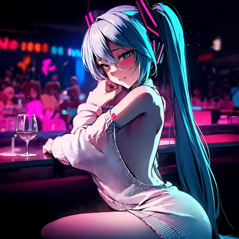 hatsune miku, lost half-closed eye,visibly drunk,shoulder cut sleveless sweater with neck collar, side body,large back cutout,front and back,hourglass dark room with coloful lights in the background,sitting on a bar,anime big eyes,anime face,anime body,lon...