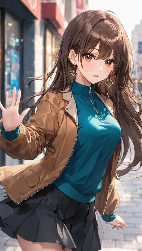 double,, , One girl, Ahoge, bangs, black skirt, black sweater, Blue Claws, Blurred, Blurred background, chest, Brown eyes, Brown Hair, brown Jacket, Mouth closed, Day付付き, Day, Depth of written boundary, Earrings, eyelash, Raise your hand, Tilt your head, J...