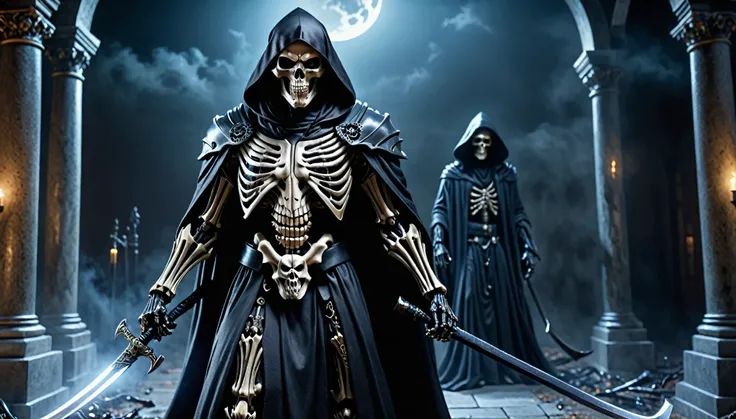 (((Top Quality: 1.4))),(Unparalleled Masterpiece),(Ultra High Definition),(Ultra-Realistic 8k CG),cyborg black Grim Reaper, ,(Action Pose: 1.4),god of death, wielding a large scythe, highly detailed grim reaper clothes, soul warden, church background, horr...