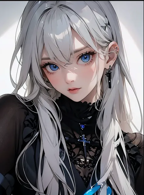 wicked、Wear naughty clothes、Blue Eyes 、Wear a black aura、Staring at the audience、best photo、Masute Piece、Cross earrings、Pretty woman、sexy outfit、