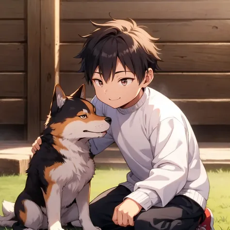 1 boy,smile,shiba inu,cheek rubbing,(detailed eyes),detailed skin,