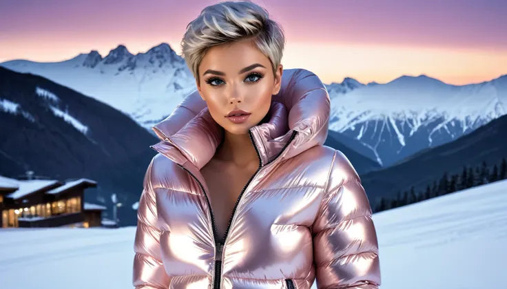 top quality, masterpiece, high resolution, 8k, wide objective, full body shot, ((tanned girl in a shiny puffer jacket with open ...