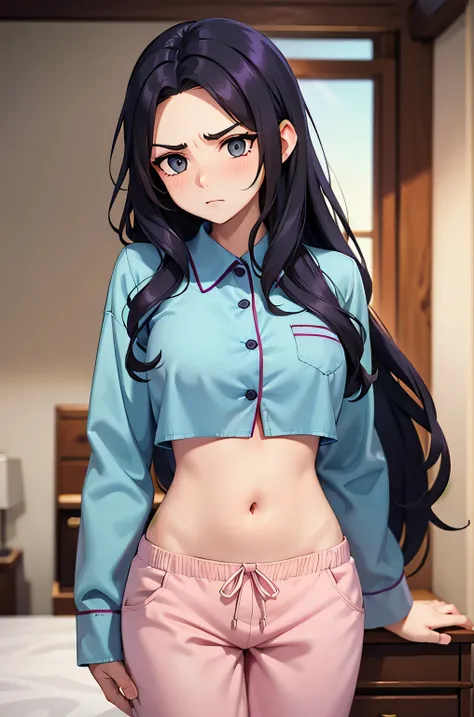 super fine illustration, vibrant colors, masterpiece, sharp focus, best quality, depth of field, cinematic lighting, ultra detailed, sleeves, crop top, pajamas, button-up, pajama pants, drawstring pants, belly button, wide hips, 1 woman, home, solo, milf, ...