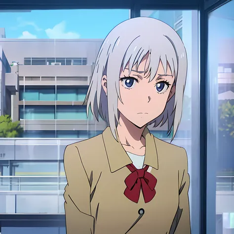 anime girl with white hair in school clothes at school anime icon