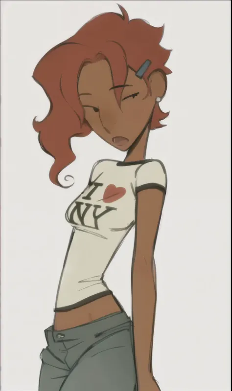 A y2k comic cartoom style portrait of a high school girl with light brown skin, short, curly hair, wearing a t-shirt and skinny jeans