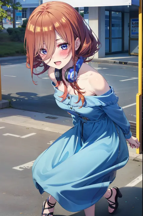 Mikunakano, Miku Nakano, Long Hair, bangs, blue eyes, Brown Hair, shirt, Hair between the eyes, Headphones around the neck,happy smile, smile, Open your mouth,Off-the-shoulder blue dress,Bare shoulders,bare clavicle,Bare neck,Bare arms,Blue long skirt,Cute...