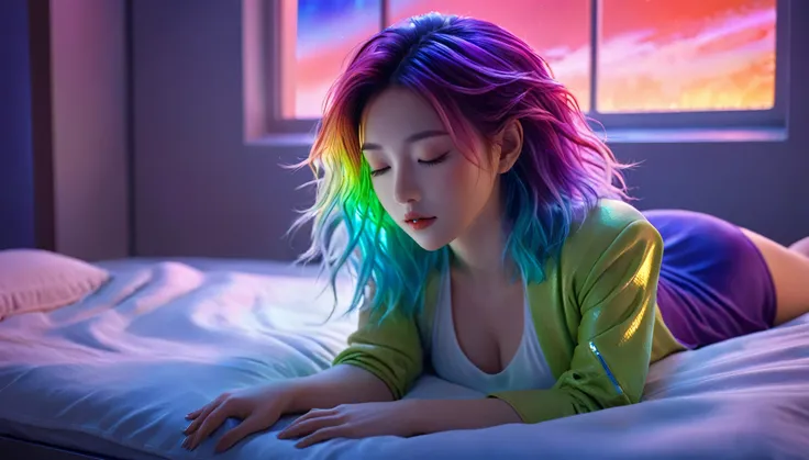 (best quality,8k,ultra-detailed:1.2),(CG,CG art,3D rendering),(masterpiece:1.2),（Crawling on the table），（Sexy clothing），(movie lighting,futuristic),(woman lying in bed,sleeping,closed eyes),(large window behind her,tranquil night),(colorful hair:1.5)