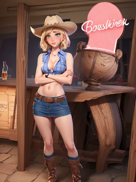 ((((1 person:2.0)))),(((Cowgirl Costume))),(((Slender body:1.2))),(((Small Ass:1.2))),(((Denim mini skirt))),(((Wear a western hat))),(((Wear one leather belt))),(((He is wearing a sleeveless shirt, Plaid, Front tie shirt.))),(((wear the watch))),(((short ...