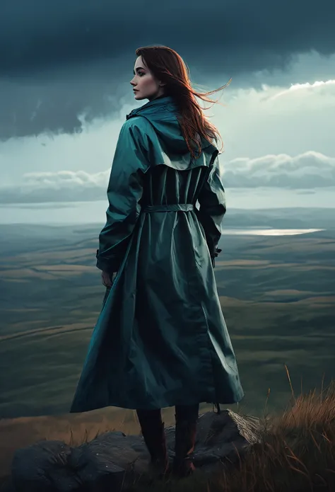 Image of a woman, standing on a hill and looking at the sky, in a raincoat with long hair, inspired by Yakub Shikaneder, Anato Finnsark and Alena Enami, Charlie Bowater: character art, Yuri Shvedoff and Tom Bagshaw, Charlie Bowater: art style, Stefan Koidl...