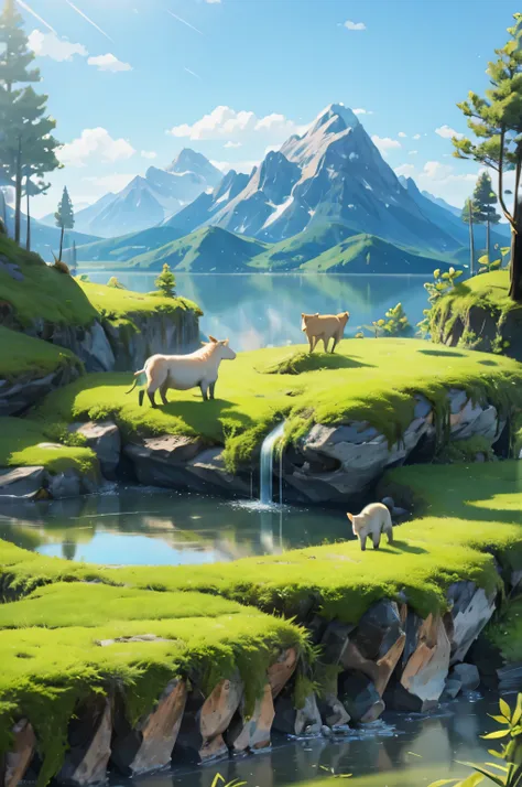 4k HD wallpaper endless grassland，There are cattle on top，But they don’t occupy the main part of the picture and there are not many of them ，There is a small circular lake in the center of the picture.，But the lake water is milk，The lake is calm，But along ...