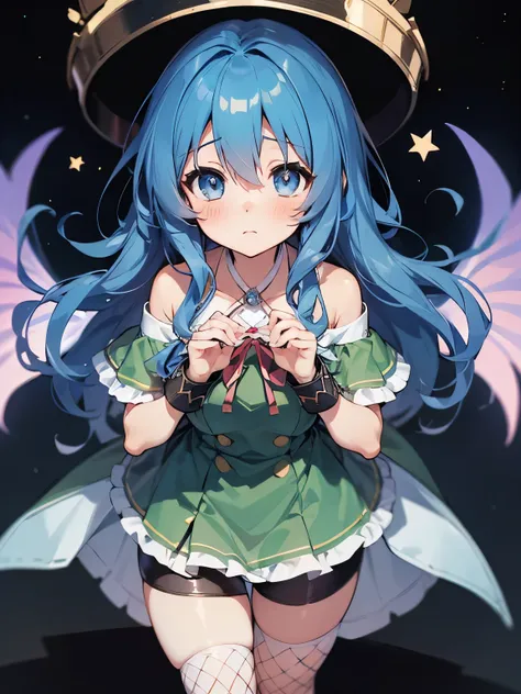 yoshino astral dress、long hair、blue eyes、ribbon、hair between the eyes、blue hair,cropped,off the shoulder,shorts,fishnet tights,(...