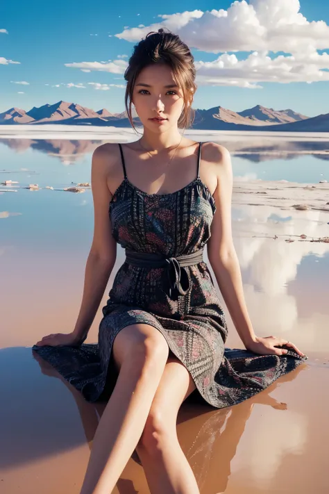 Model and background intact, Beautiful woman sitting in a patterned dress at the Uyuni salt flats, magazine pose, landscape reflected on the ground,  (detailed facial expressions), 