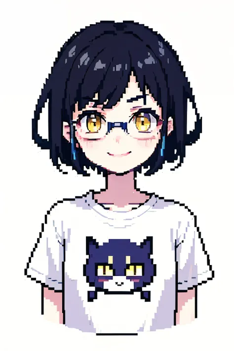 pixel, pixel art, 1genderless, black hair, upper body, cozy, messy hair, eyeglasses, smile, in deep thought, short hair, yellow eyes, T-shirt