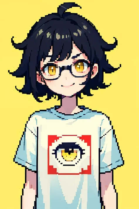 pixel, pixel art, 1genderless, black hair, upper body, cozy, messy hair, eyeglasses, smile, in deep thought, short hair, yellow eyes, T-shirt