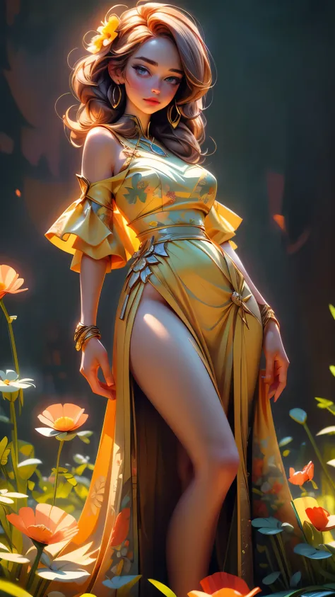 (best quality,4k,8k,highres,masterpiece:1.2),ultra-detailed,(best quality,realistic:1.2),lovely woman,field of poppy flowers,sheer yellow floral print summer dress,sunset,play,joy,beauty,harmony,portrait,soft lighting,vibrant colors, HDR, 8k, absurdres, ci...