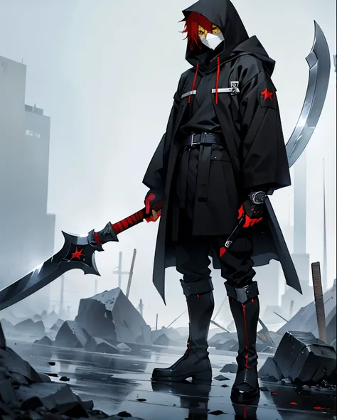 anime style, male character, yellow eyes: 2:4, red hair, hair slightly covering the eyes, large black hood covering the face, coat closed, expressionless appearance, black boots, in a sad mood, holding a battle axe.