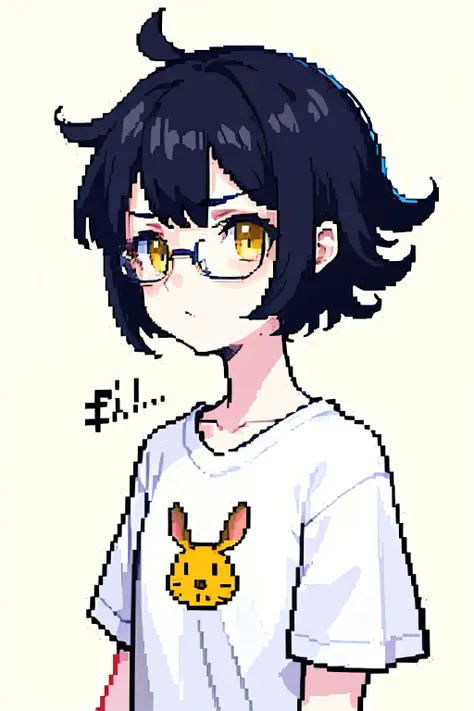 pixel, pixel art, genderless, black hair, upper body, cozy, messy hair, eyeglasses, emotionless, thinking, short hair, yellow eyes, black T-shirt, lepus