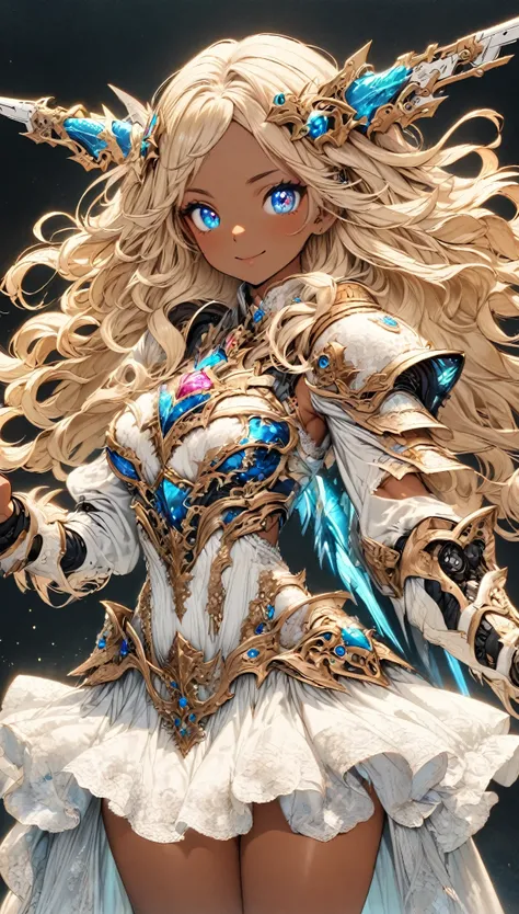 masterpiece, best quality, extremely detailed, high resolution, Japanese anime,1girl, (dark skin:1.2), gold hair, (medium length hair:1.4), curly hair, wavy hair, drill hair, (mechanical horn:1.2), (mechanical wing:1.2),  (eyelashes:1.3), eyeshadow, (blue ...